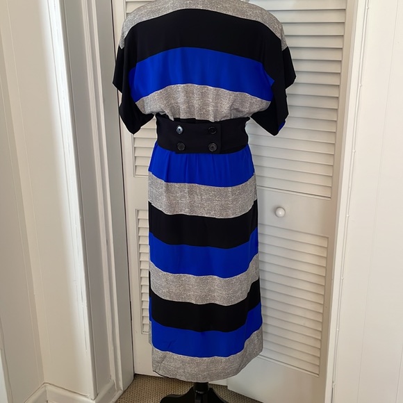 Vintage Albert Nipon Royal Blue,Black Silk Dress - Picture 2 of 3